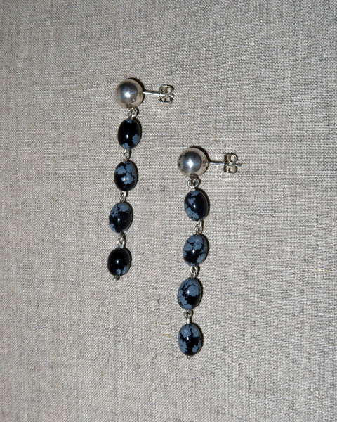 silver and snowflake obsidian drop earrings