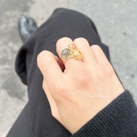 14k gold droplet ring with grey moonstone